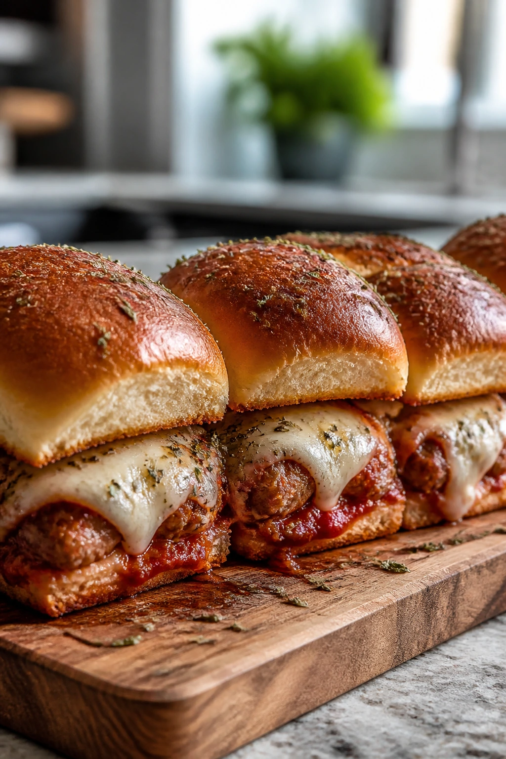 Row of pizza sausage sliders on a wooden board