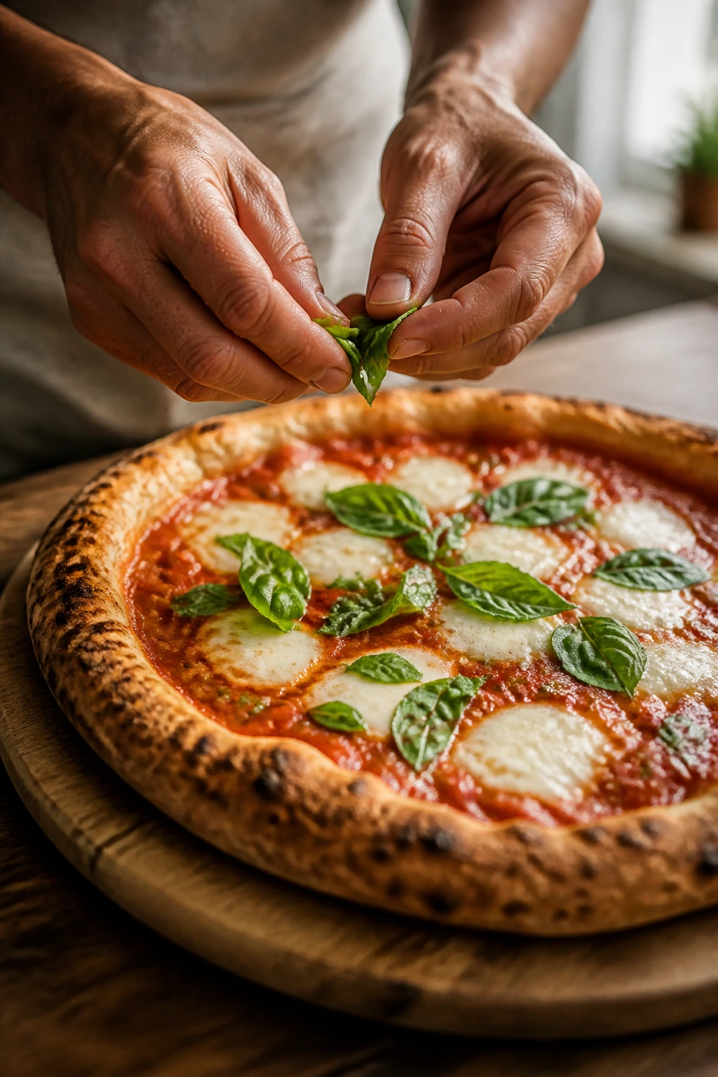 Pizza on wooden board with basil being torn over it in a cozy kitchen