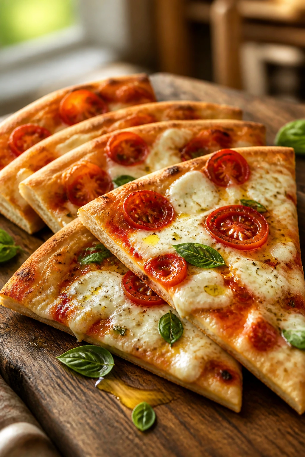 Pizza slices arranged on a rustic serving board
