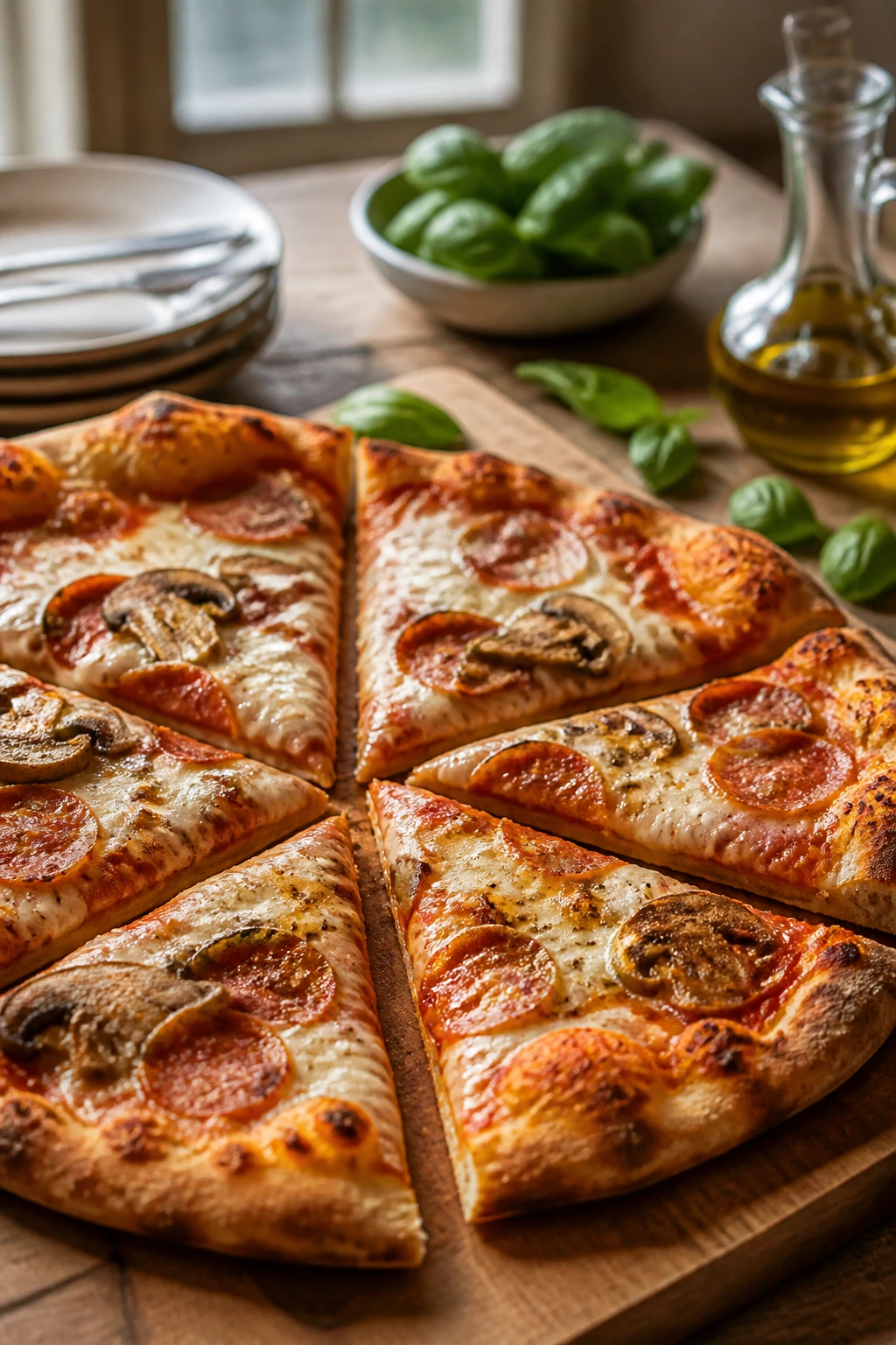 Sliced pizza on wooden board with basil garnish