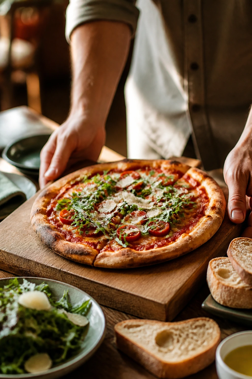 Pizza on wooden board served at a table