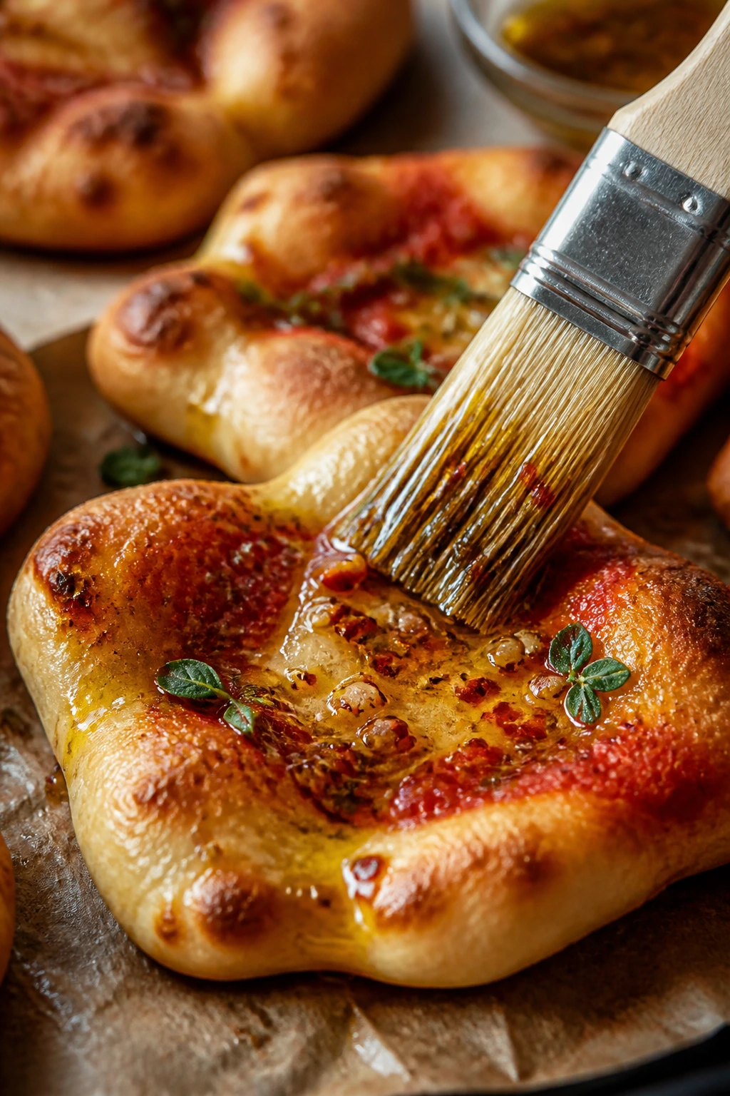 Pizza shape brushed with garlic oil and chili flakes