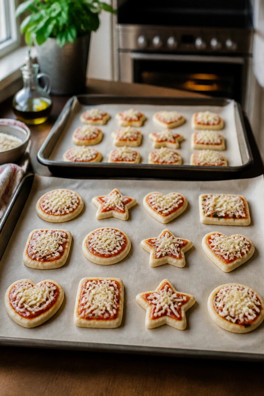 Close-up of small dough pizza shapes on parchment-lined sheet pans in a bright kitchen