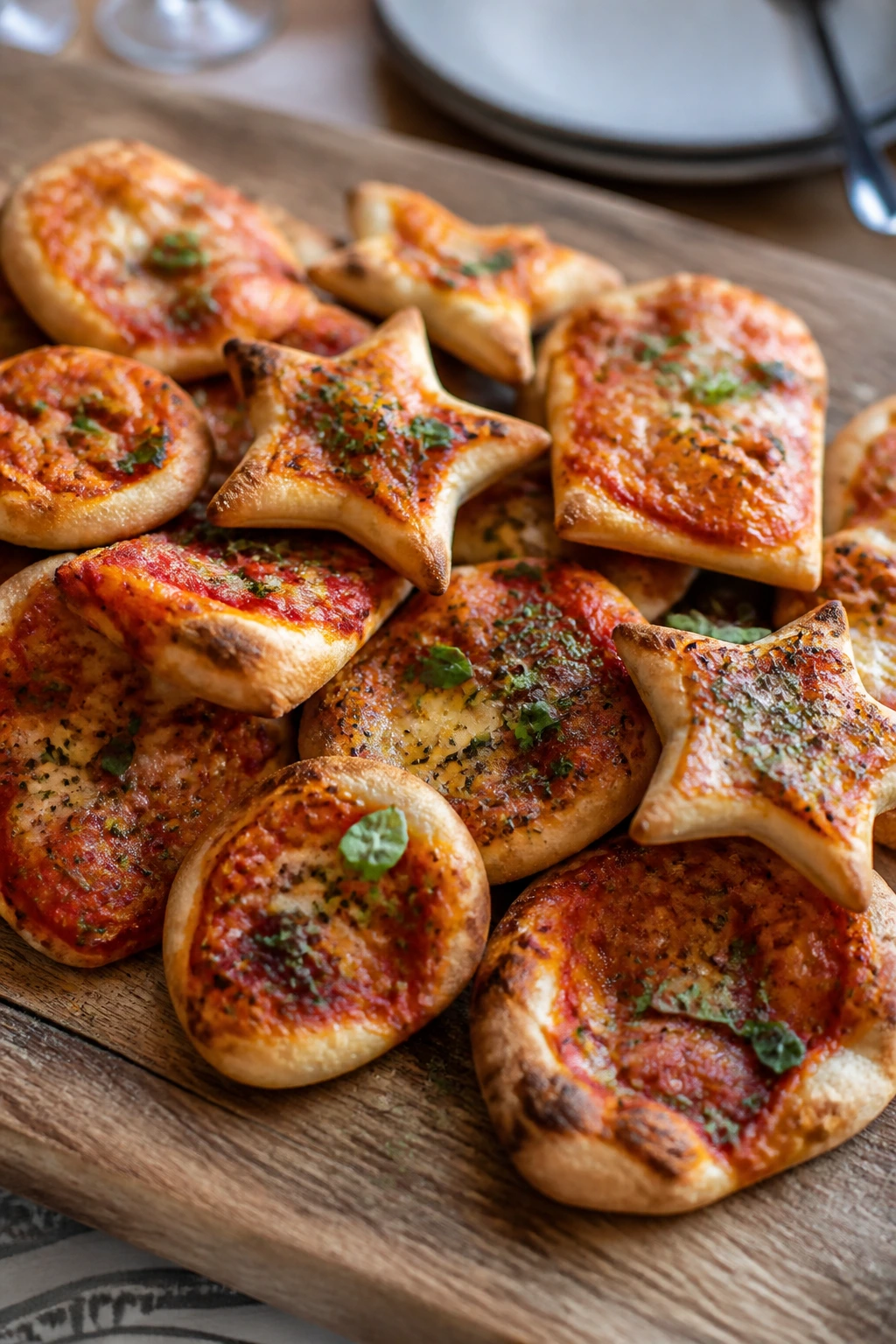 Tray of warm pizza shapes on a wooden board ready to serve