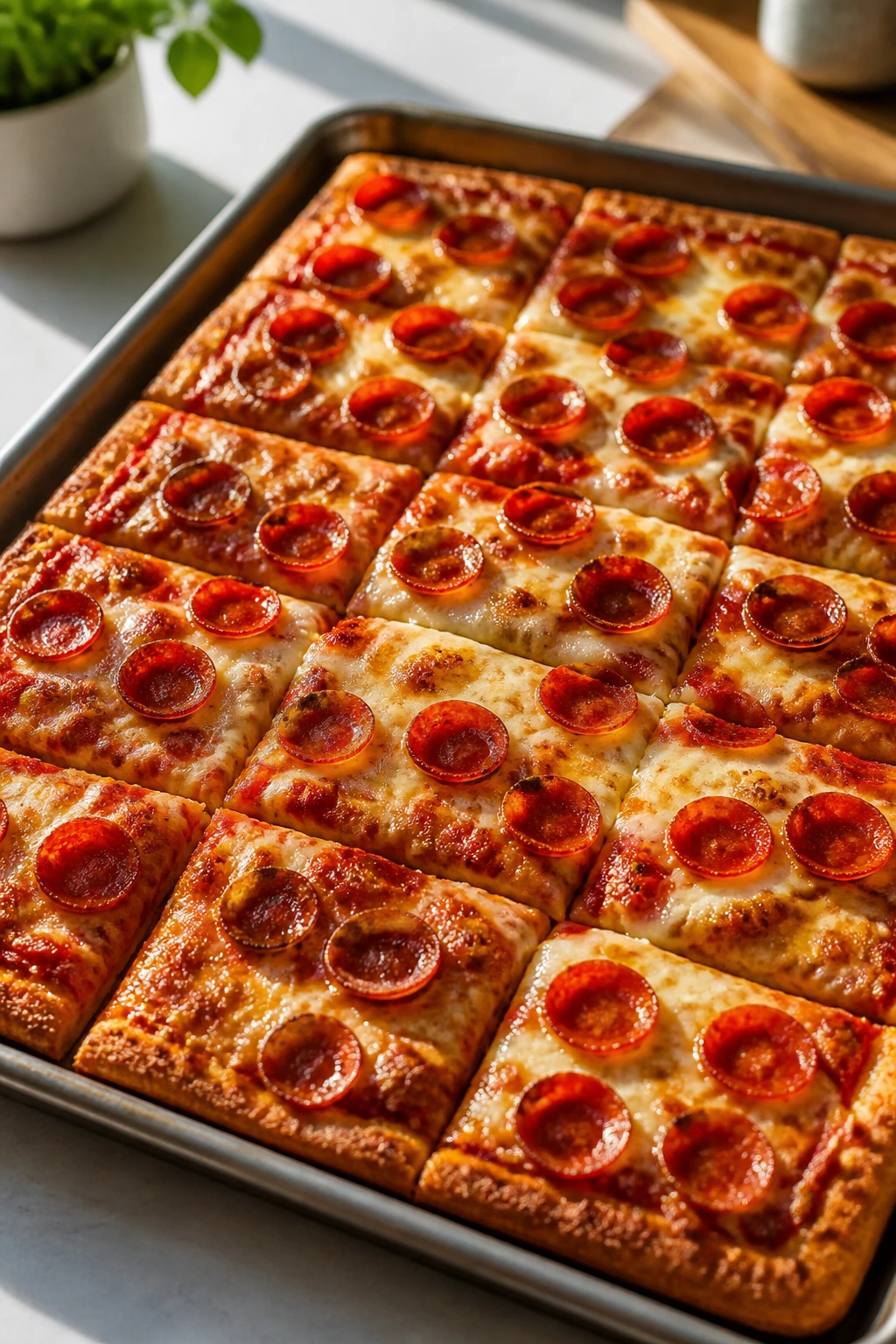 Sheet-pan pepperoni pizza squares on a bright kitchen counter