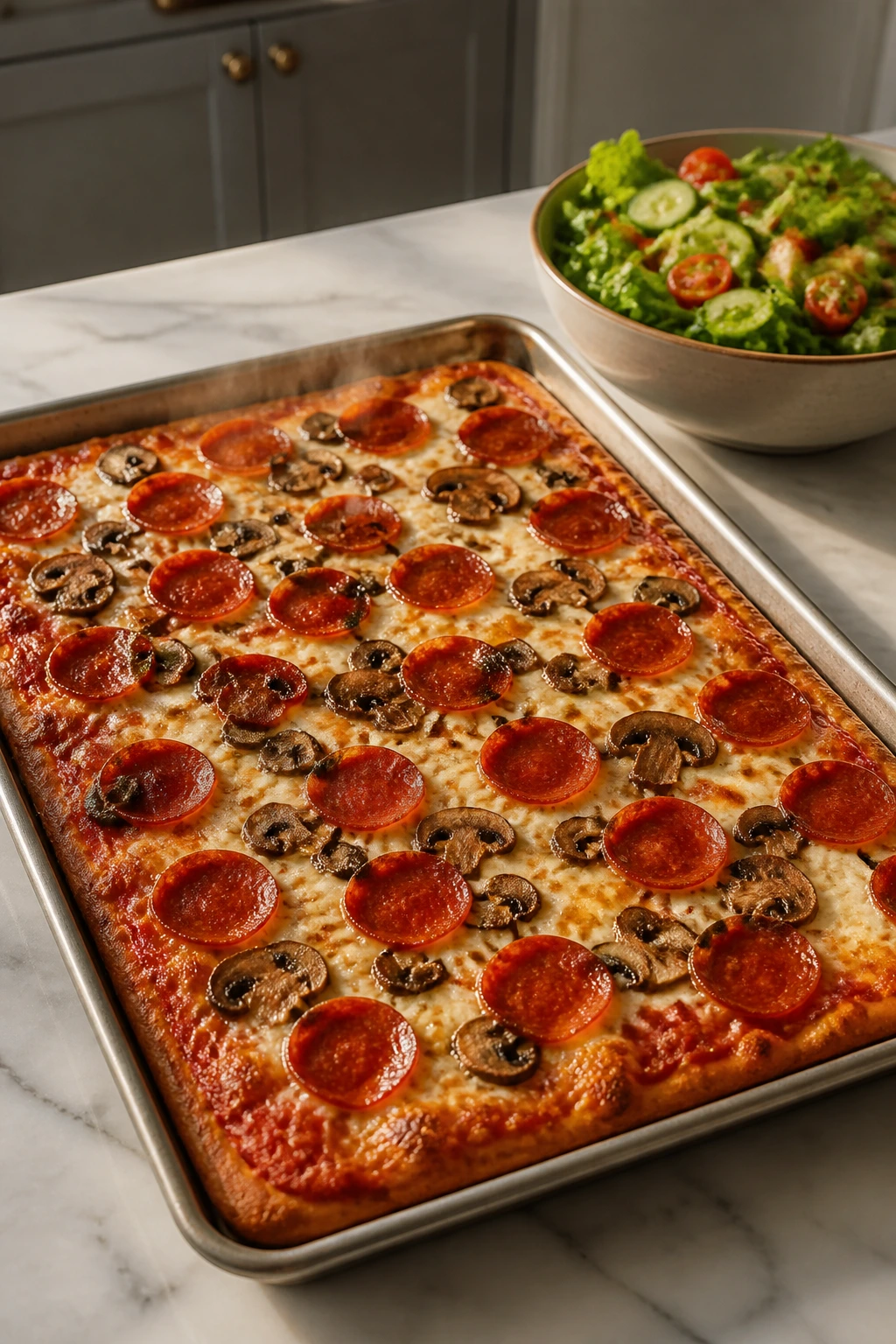 Sheet-pan pizza with pepperoni and mushrooms and a side salad on a kitchen counter