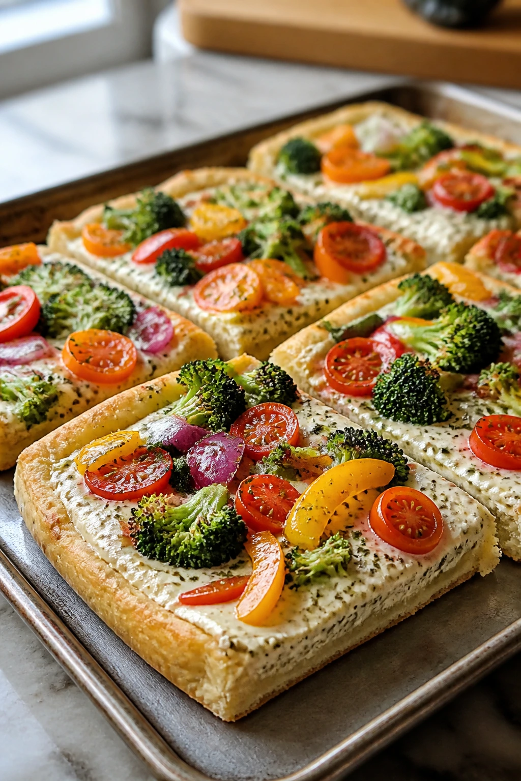 Bright veggie pizza squares with broccoli, peppers, and tomatoes on a sheet pan