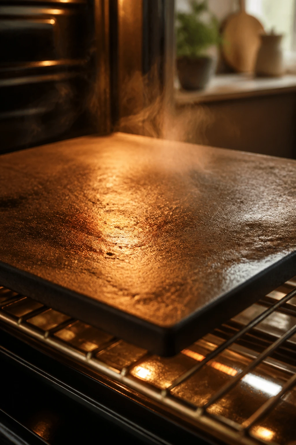 Glowing pizza steel on rack with steam