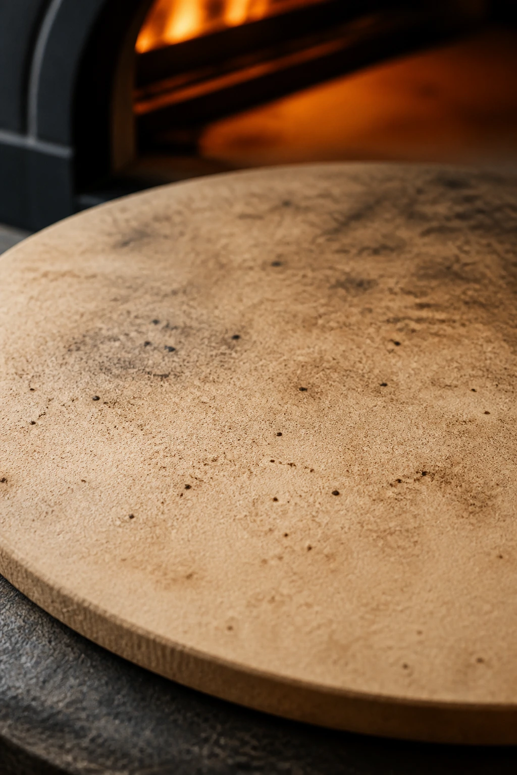 Close-up of a pizza stone in a warm kitchen, crisp texture and glow