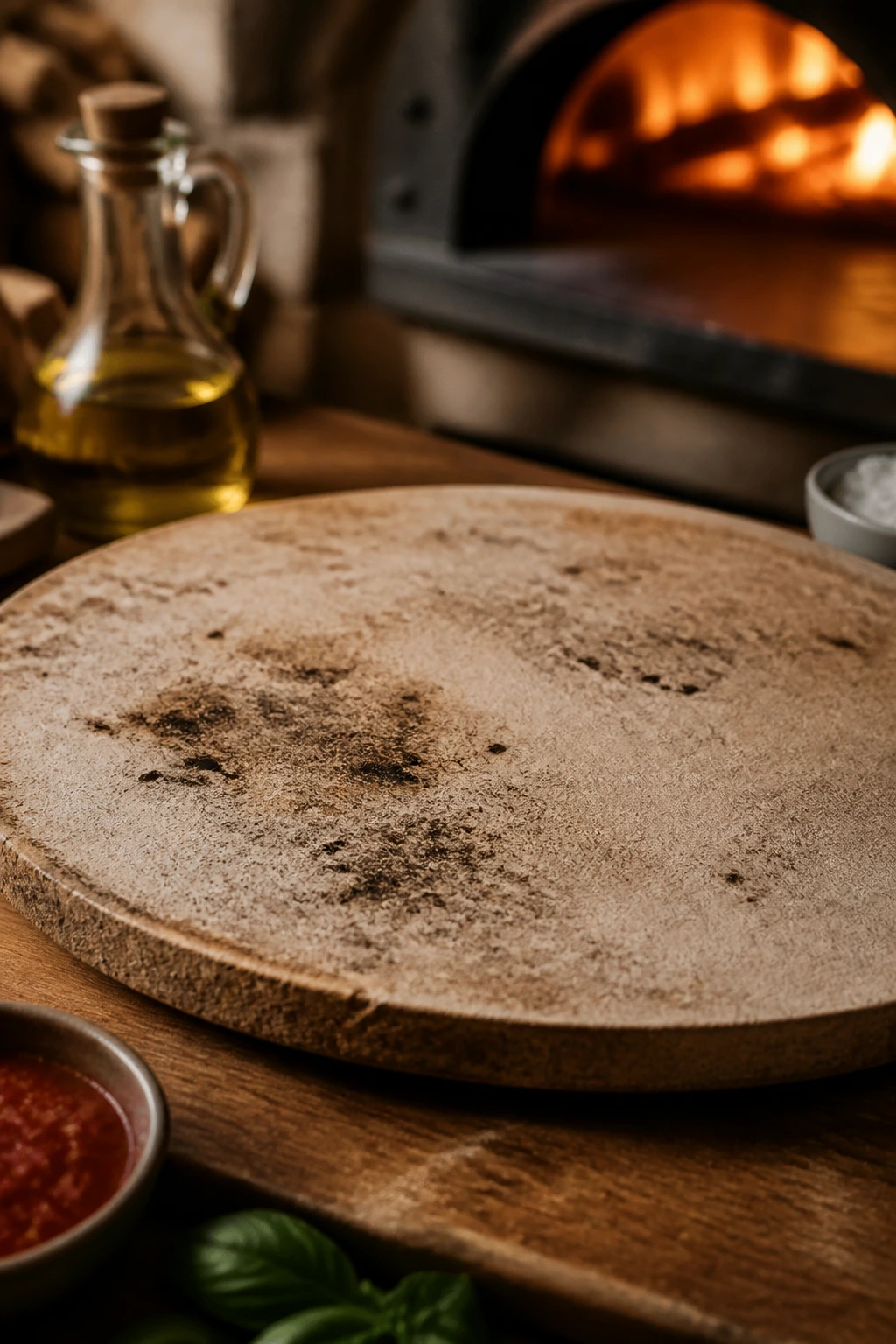 Baking pizza stone on a warm kitchen counter