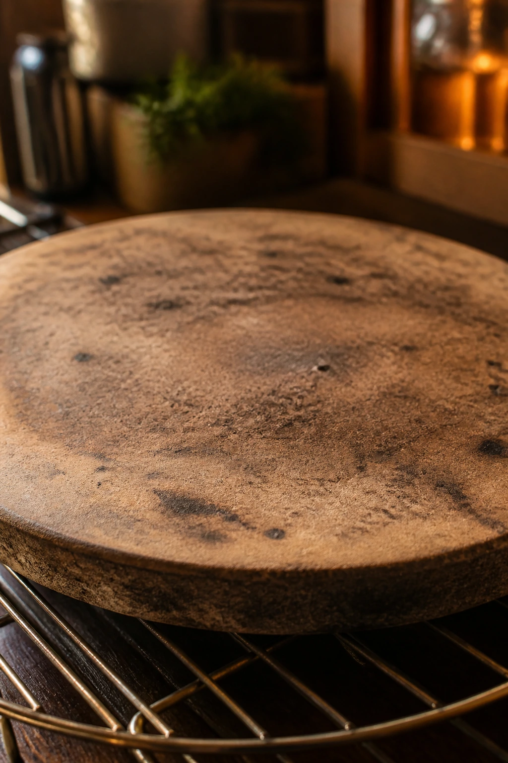 Close-up of a large pizza stone in a warm kitchen setting