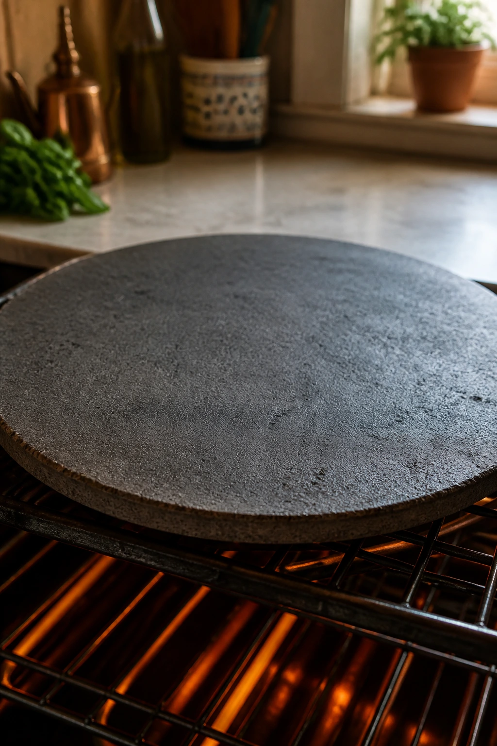 Close-up of a pizza stone with warm glow in a kitchen