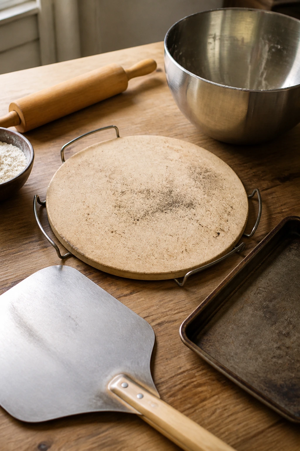 Arrangement of pizza-making tools on counter