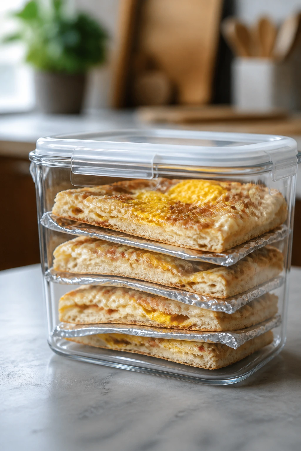 Stack of cooled breakfast pizza slices stored in a glass container