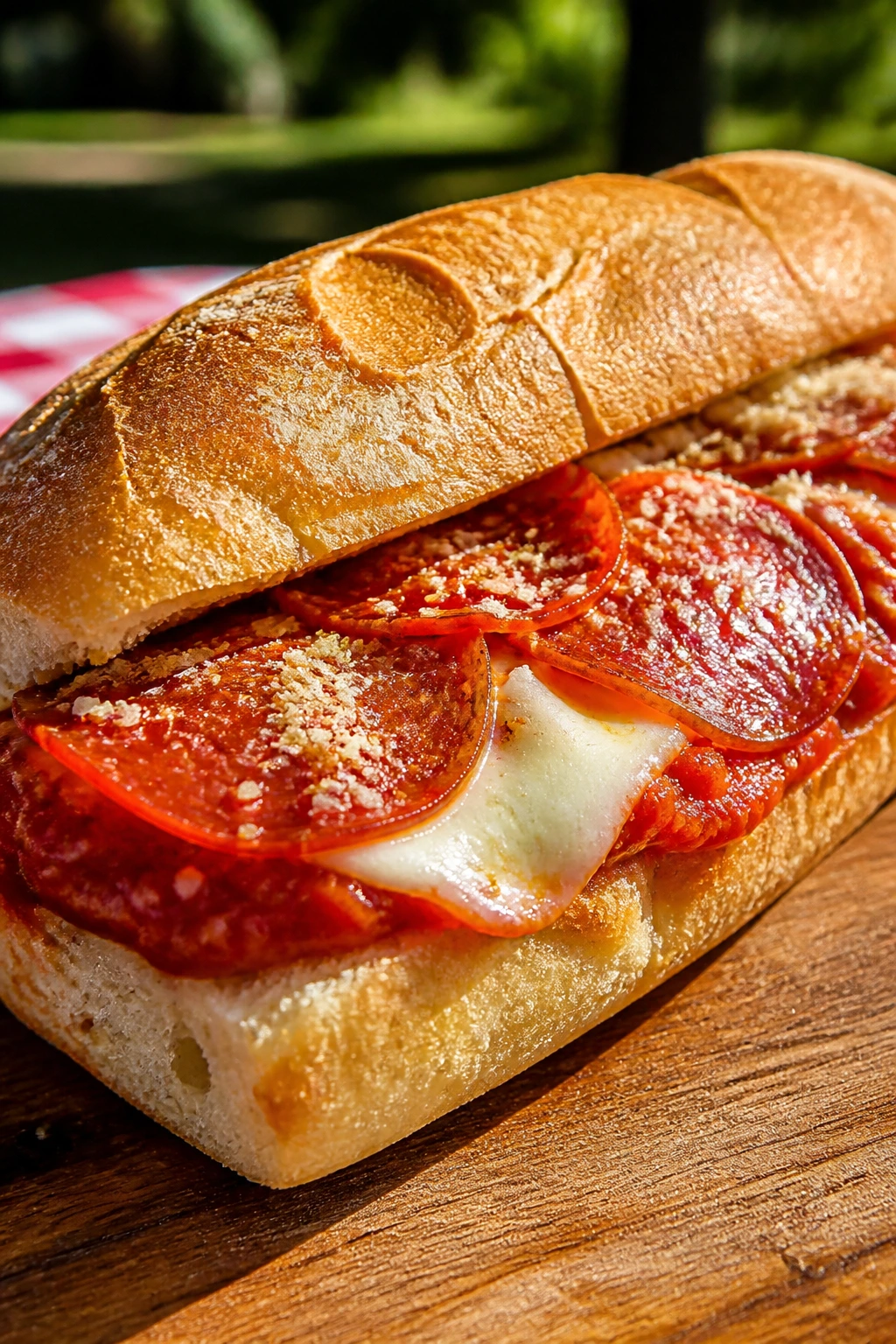 Close-up of a pizza sub sandwich showing pepperoni and melted cheese