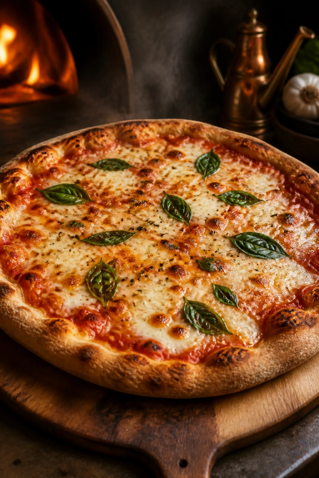 14-inch garlicky pizza on a wooden peel, cheese set, basil top