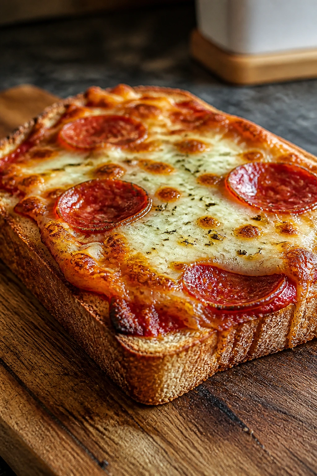 Pizza toast slice on wooden board with cheese