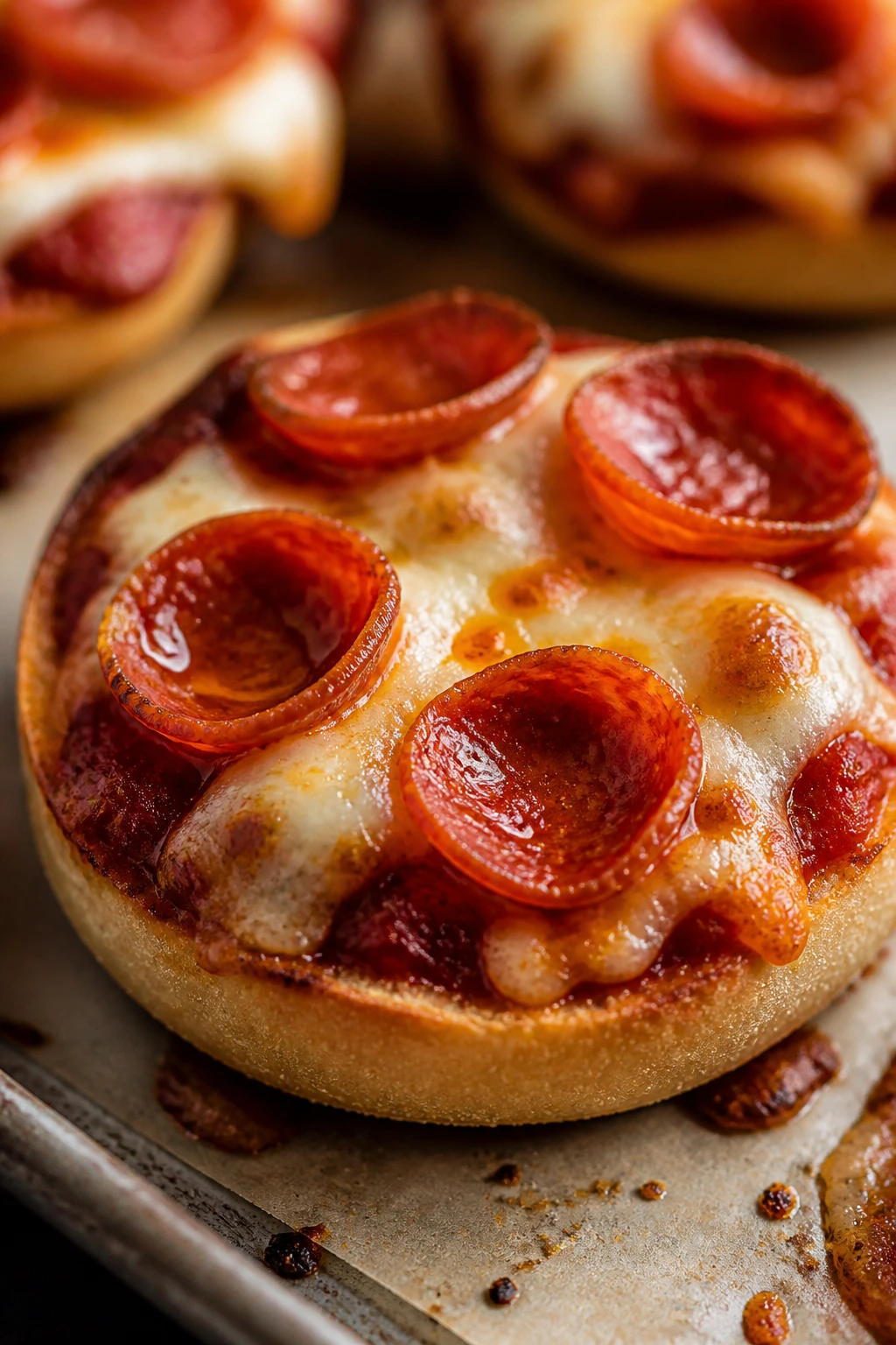 Close-up of a crispy pizza toast muffin with cheese and pepperoni.