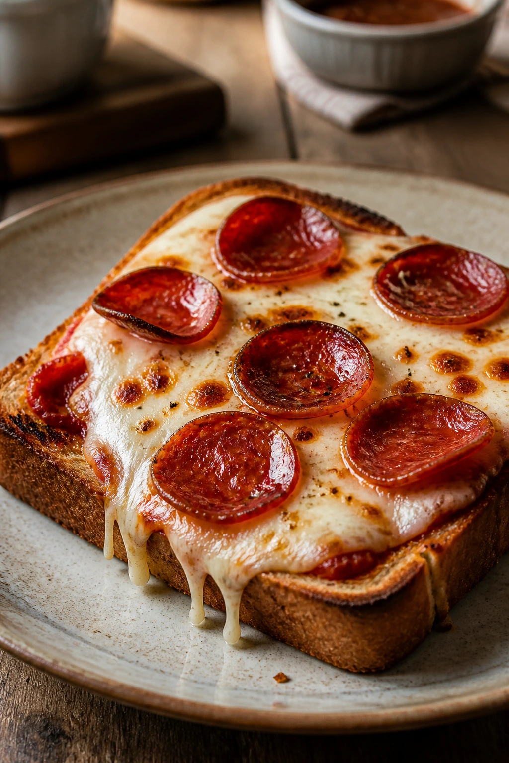 Close-up of pepperoni pizza toast with melted cheese on a rustic plate.