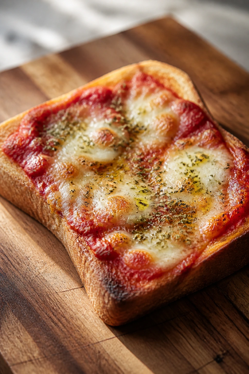 Close-up of pizza toast with tomato paste and melted cheese on a wooden board