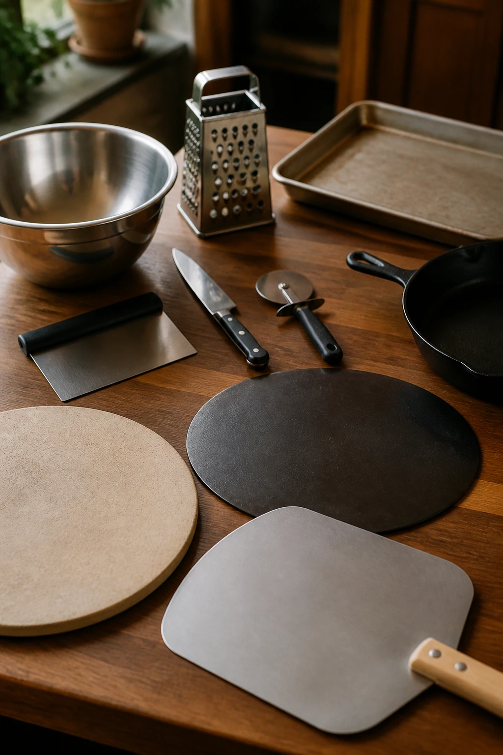 Close-up of pizza tools including stone, peel, knife, and cutter on wooden counter