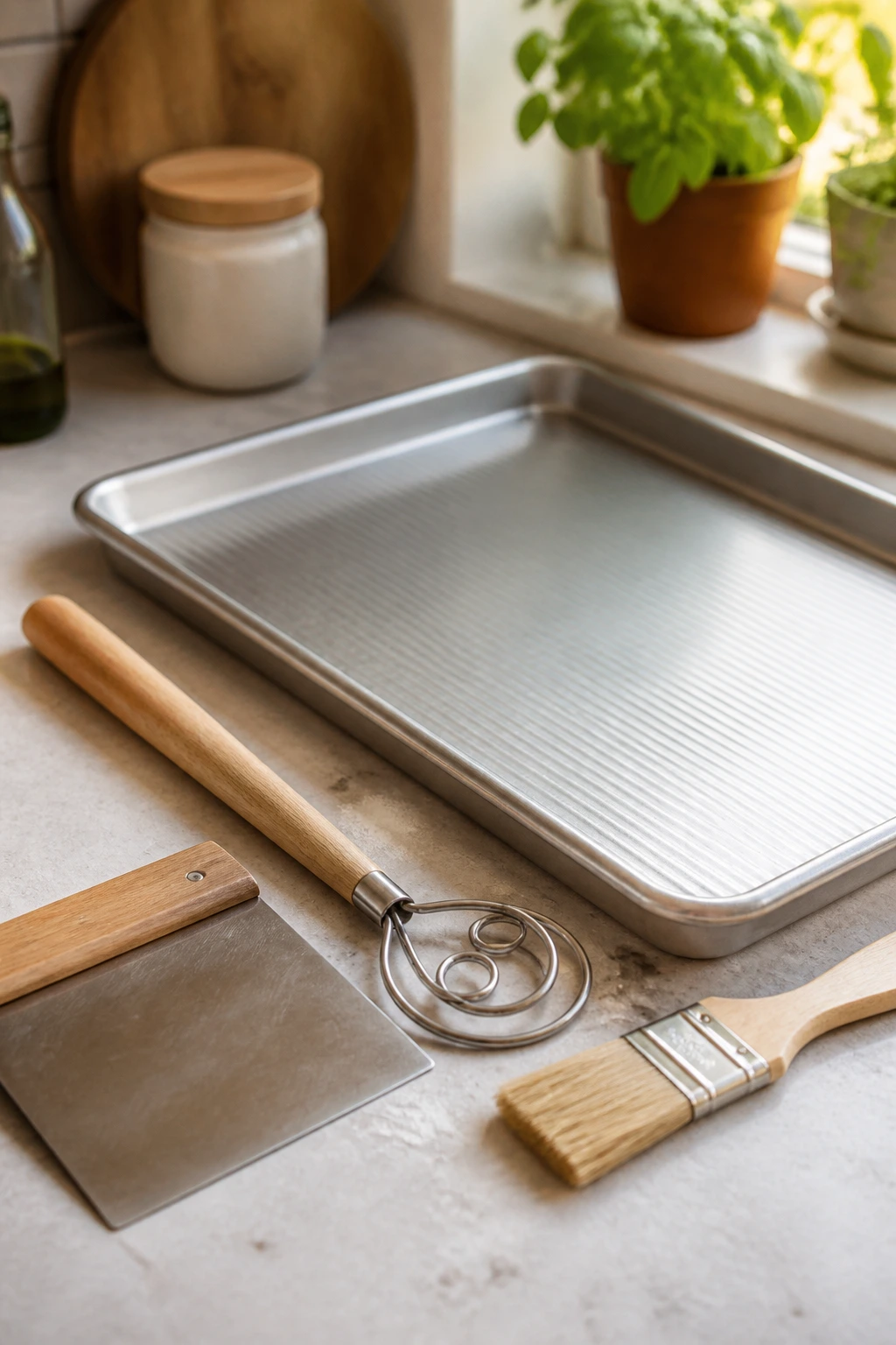 Set of essential pizza tools on a kitchen counter