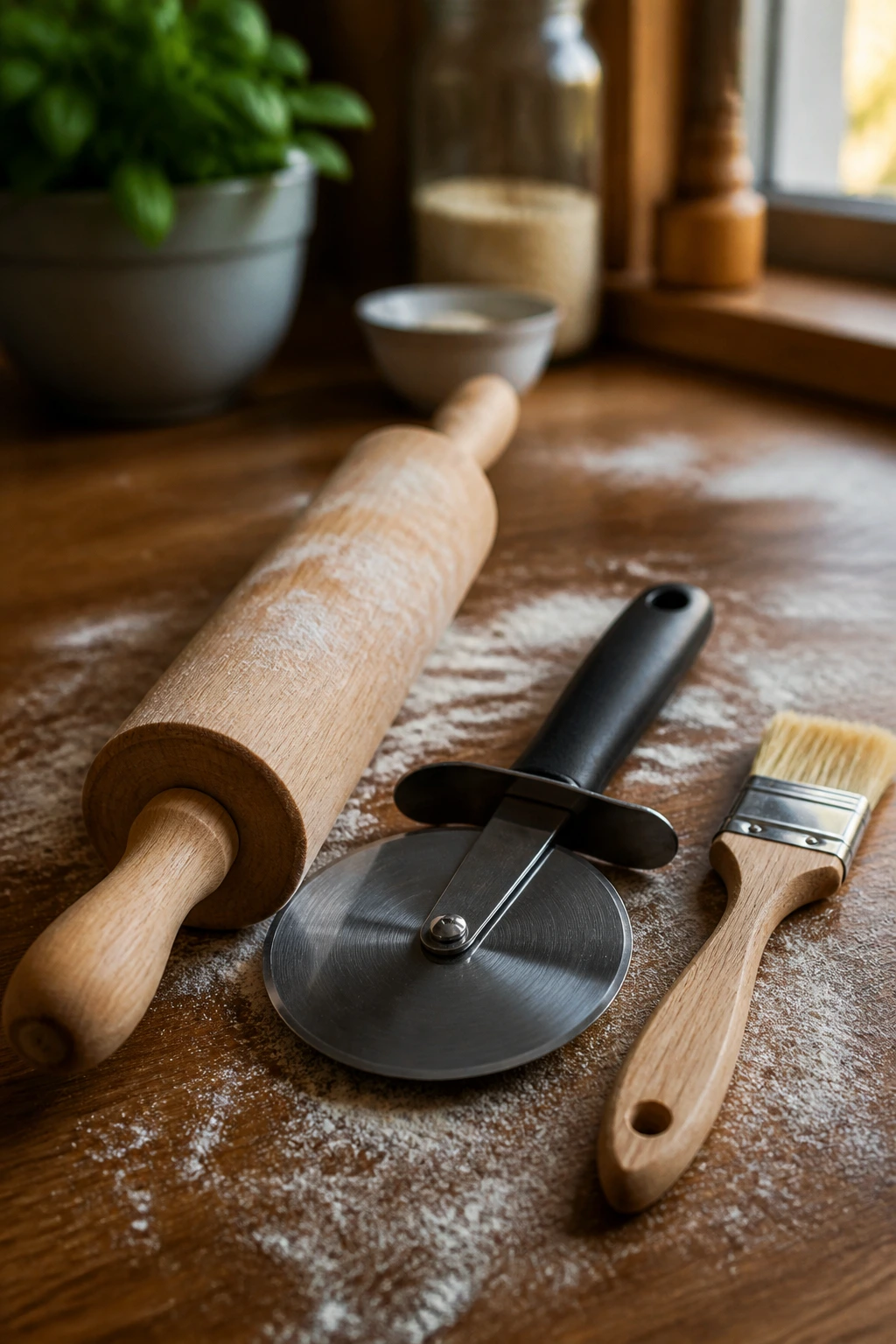 Tools for breakfast pizza arranged on a wooden counter