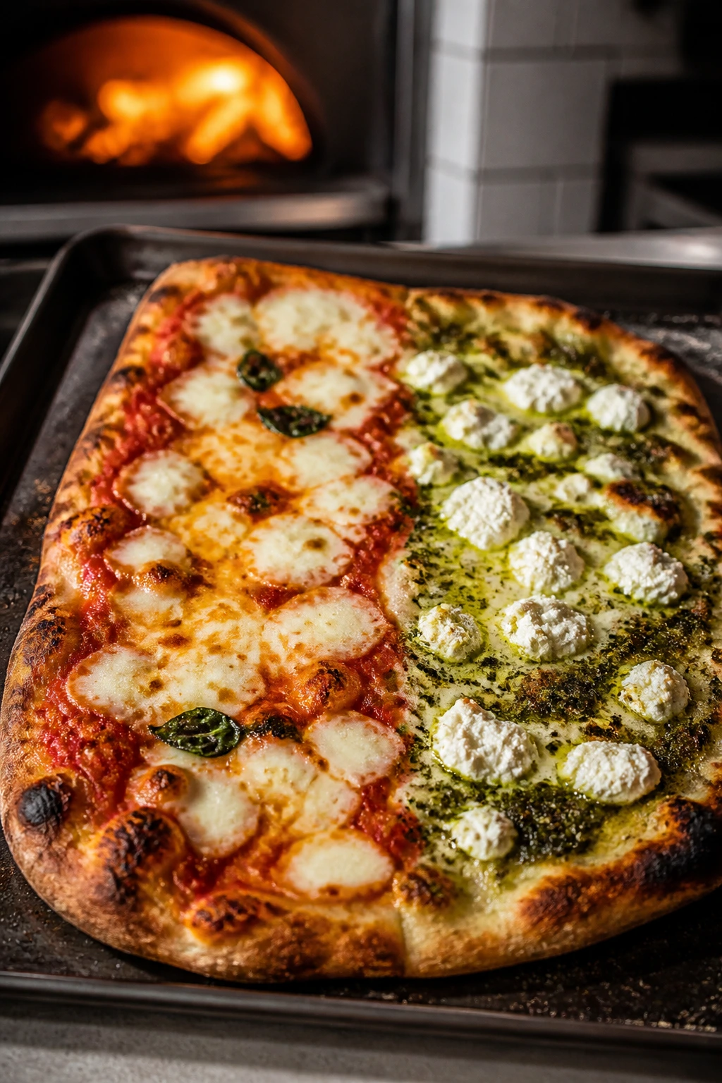 Half-and-half pizza showing variations on a sheet pan.
