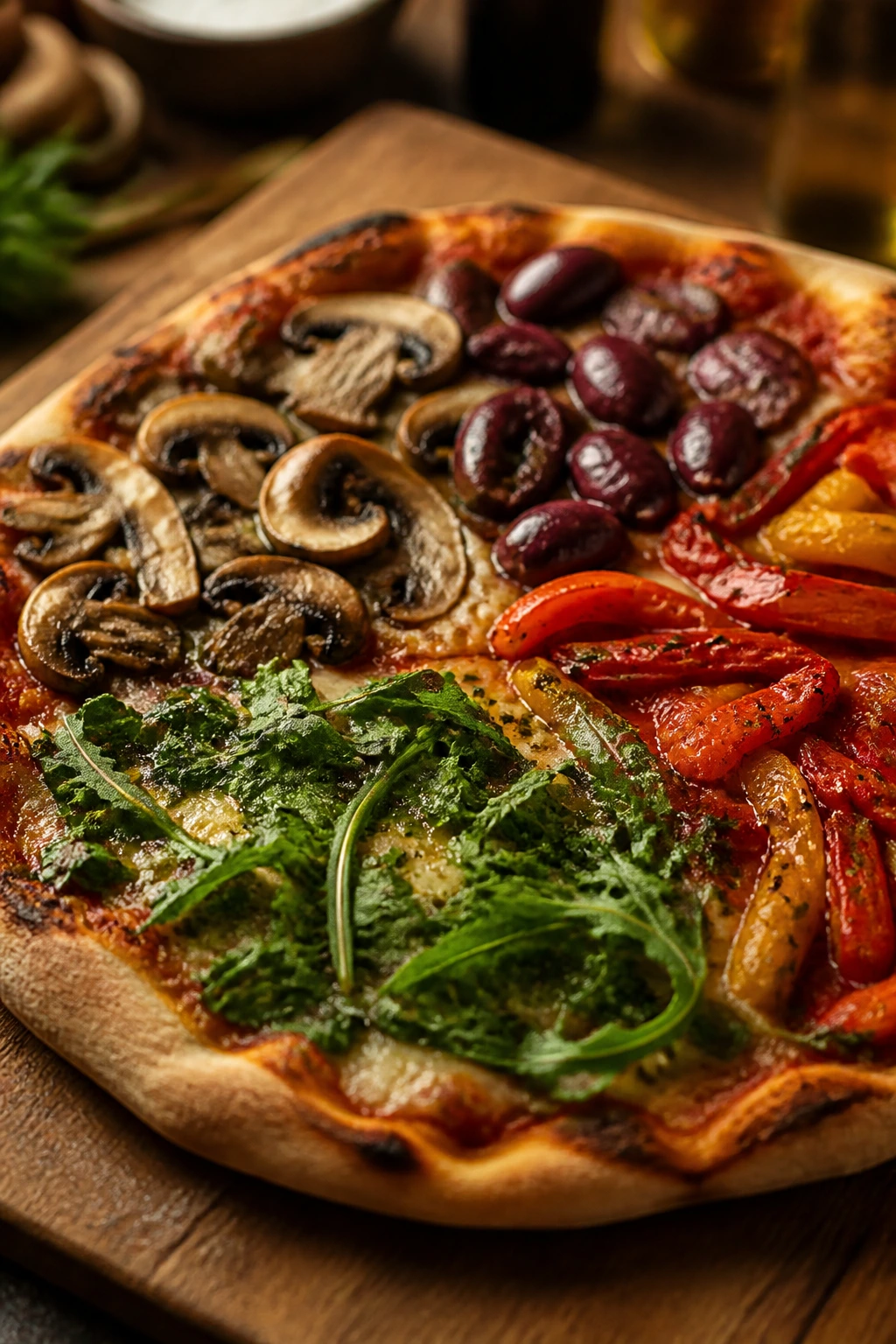 Pizza with varied toppings on a rustic board in warm kitchen light