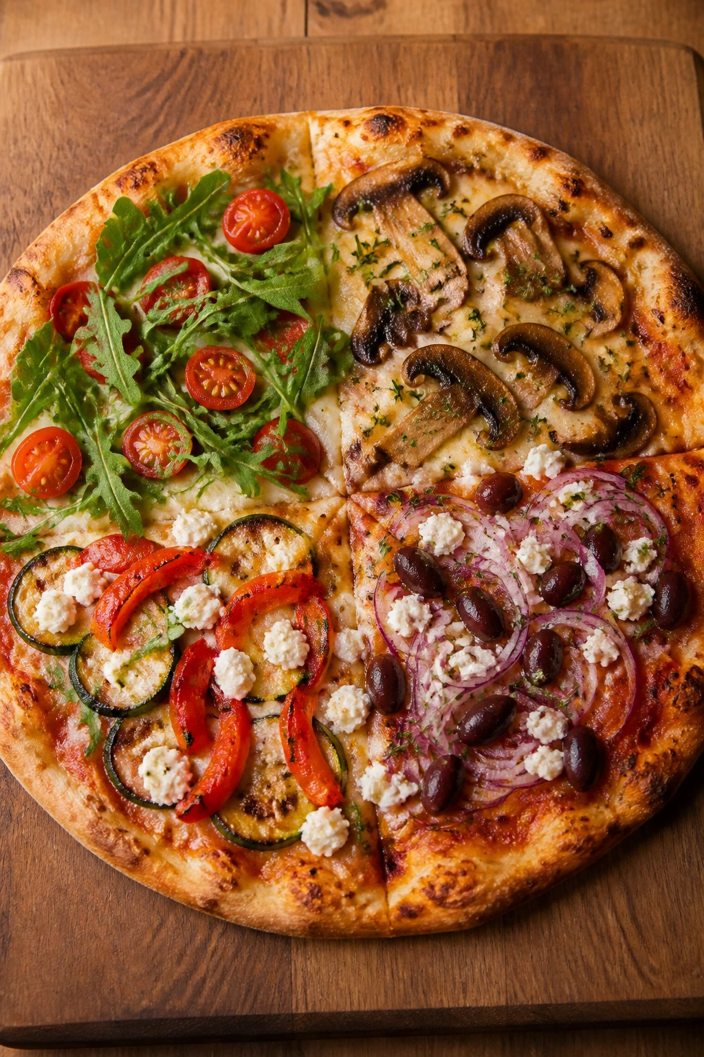 Pizza with varied toppings arranged in sections on a board
