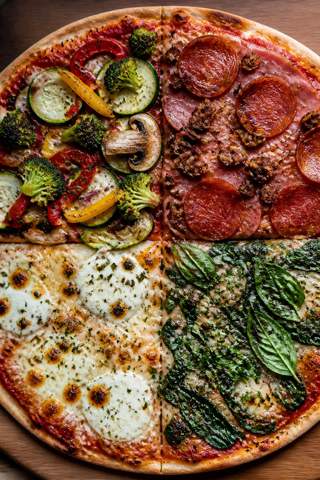 Top-down view of a pizza with four topping zones illustrating variations