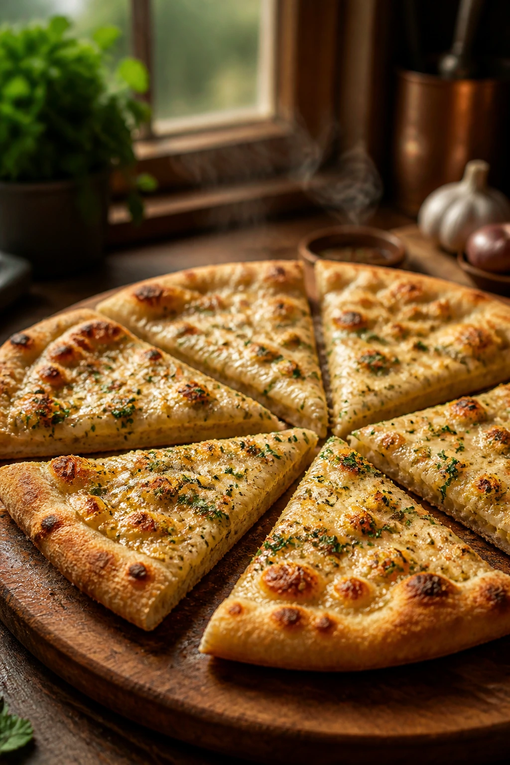 Wedges of garlicky pizza on wooden board