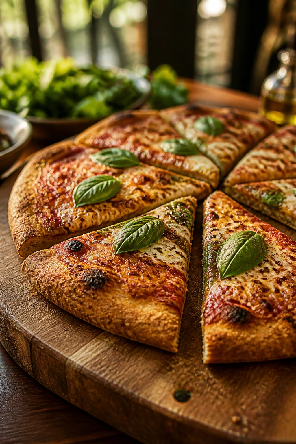 Whole wheat pizza on a wooden board with basil garnish