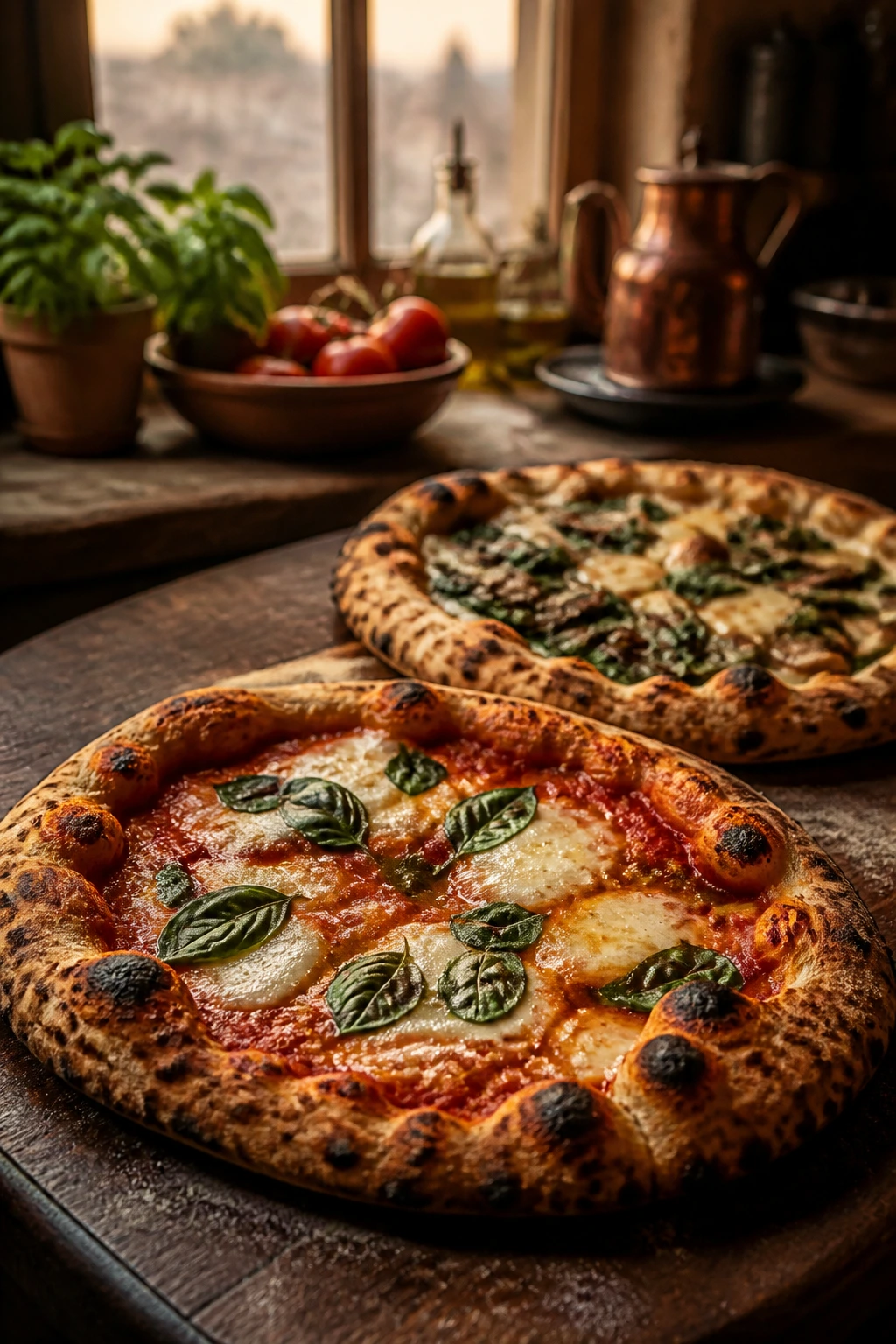 Two artisanal pizzas on a rustic board with blistered crusts in a cozy Italian kitchen