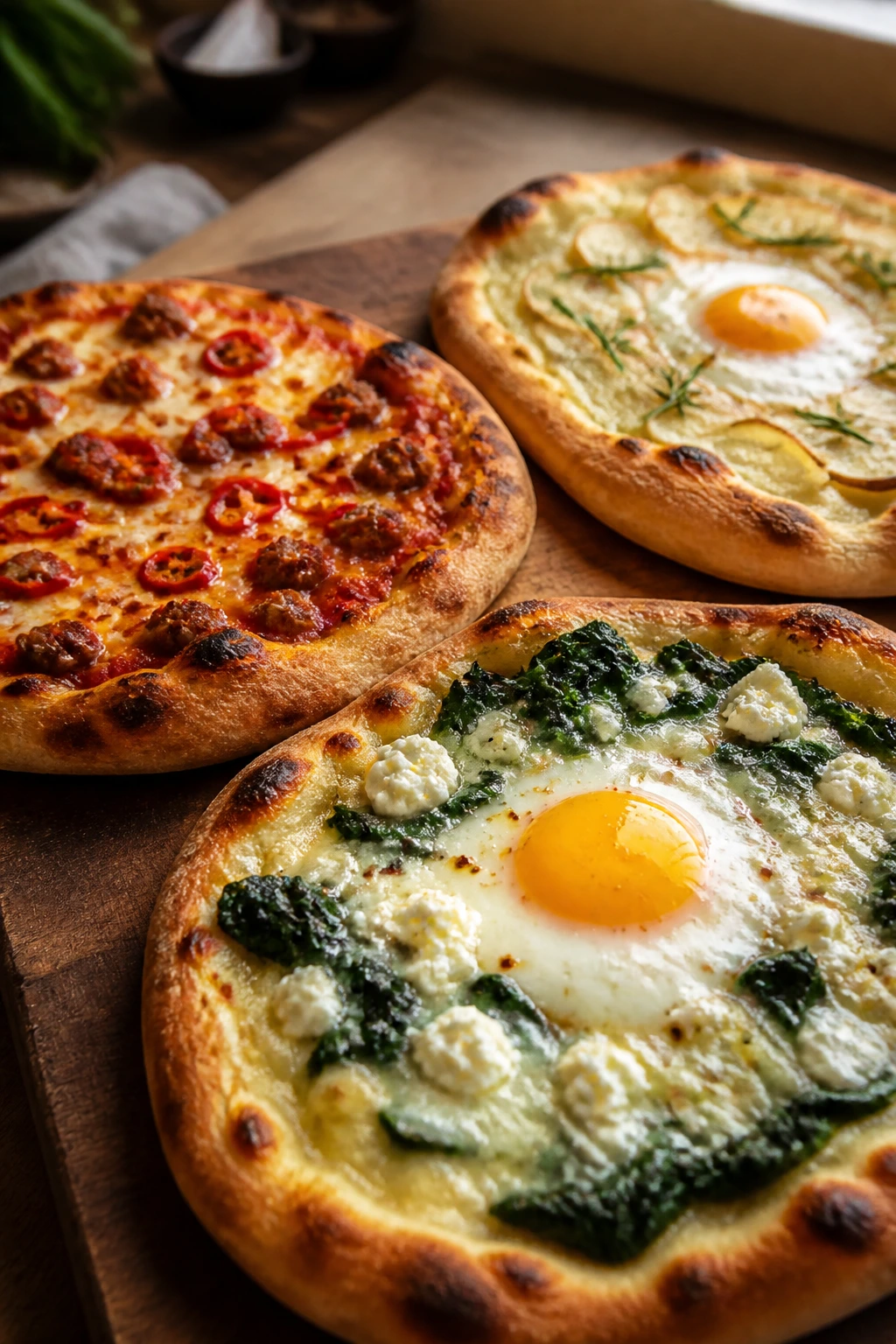 Three mini pizzas with varied toppings on a wooden board