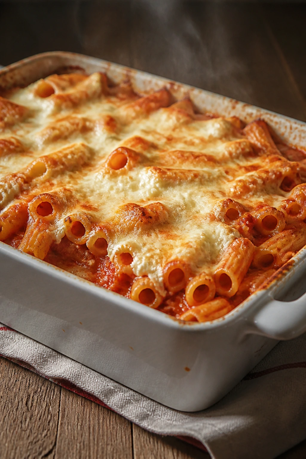 Close-up of baked ziti in a casserole dish with melted cheese