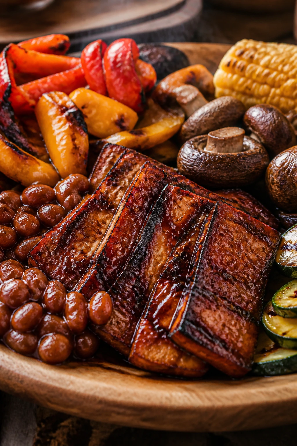 Close-up of a plant-based smoky barbecue plate with charred tofu, peppers, mushrooms, corn, and beans on a wooden board