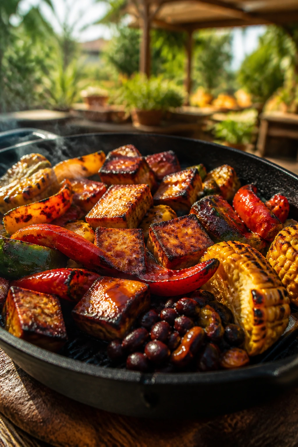 Close-up of charred plant-based BBQ items on a grill pan in a sunny outdoor kitchen