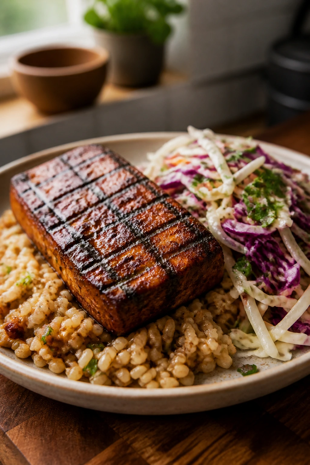 Close-up plate of plant-based BBQ with tofu steak, grain base, and slaw