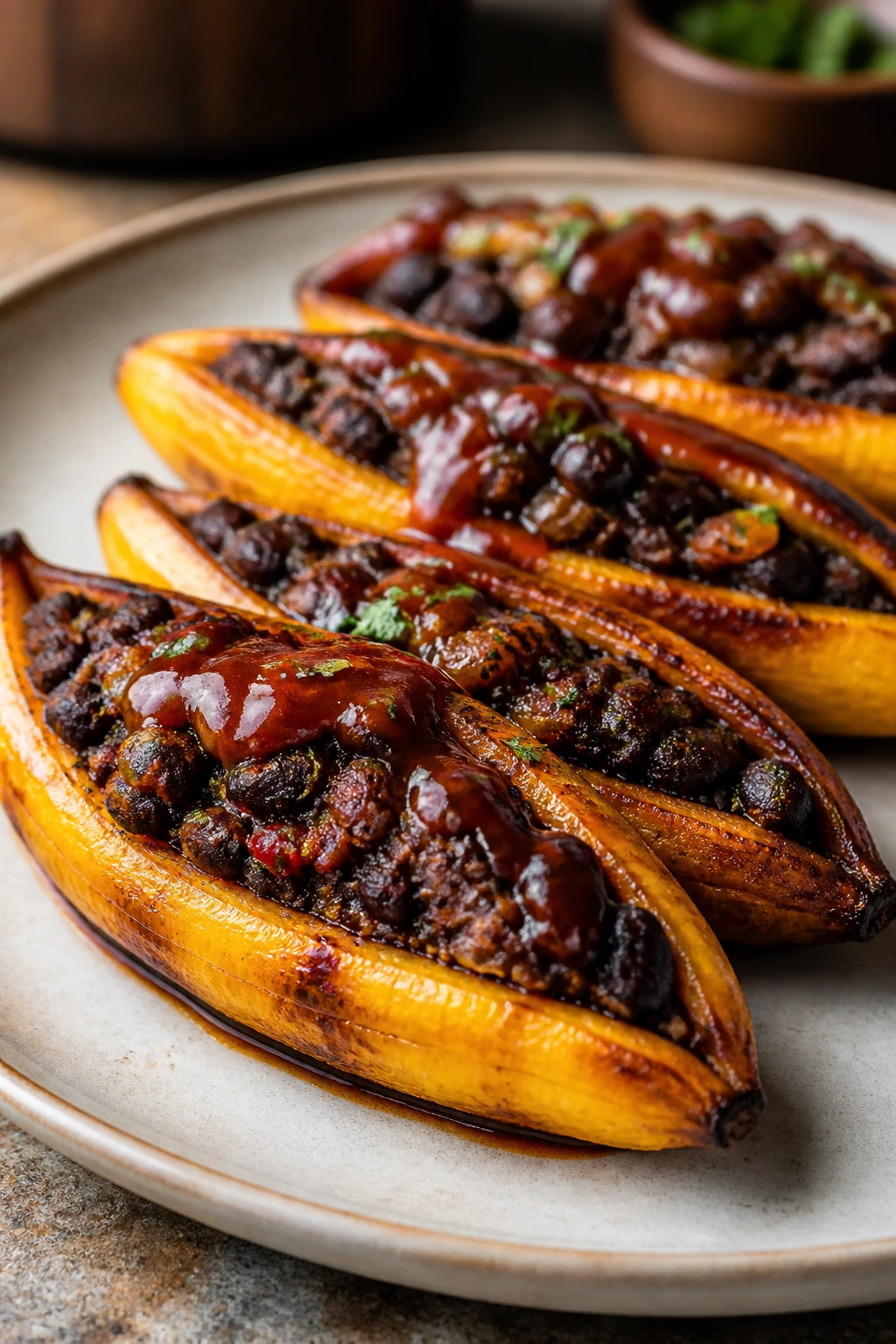 Ripe plantains stuffed with black beans on a plate
