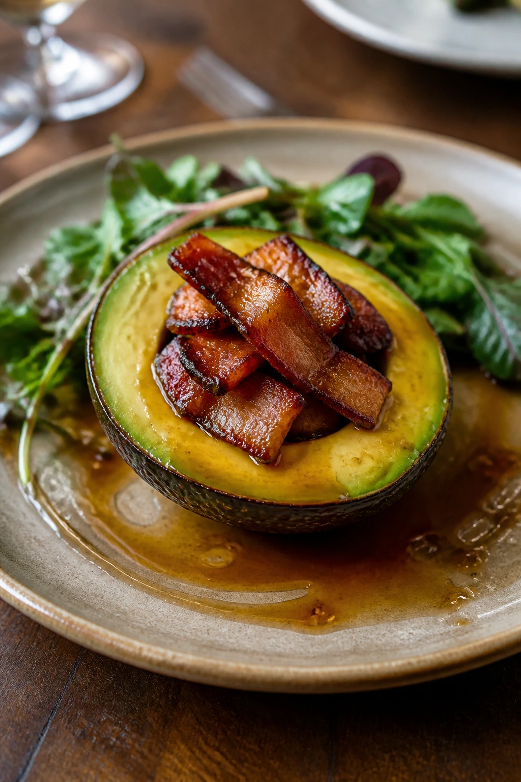 Plate-ready bacon avocado half on warm plate with glaze