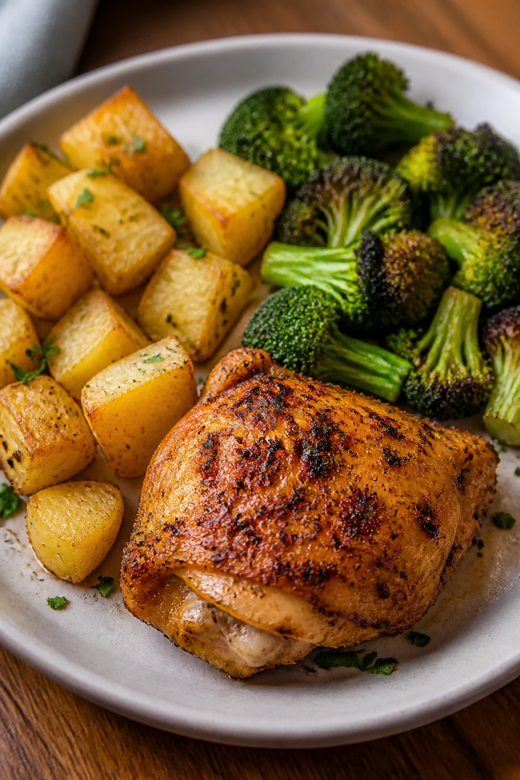 Well-plated budget dinner showing starch, protein, and vegetables