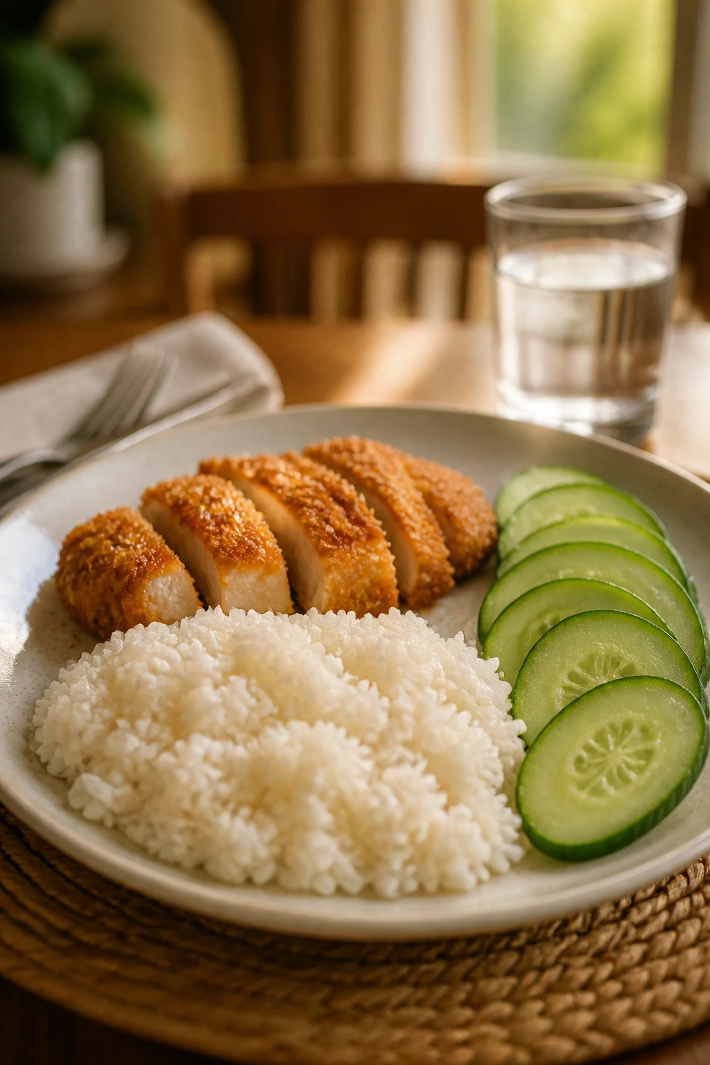 Plate showing base rice, crispy chicken main, and cucumber texture on a simple table