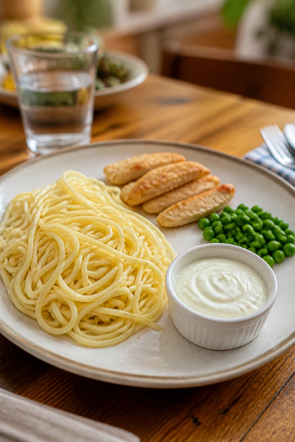 Plate with four sections: noodles, protein, vegetables, and dip