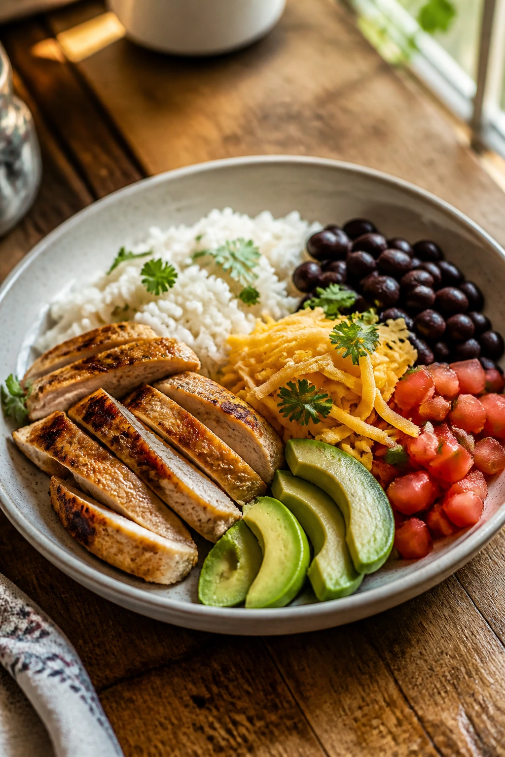 Close-up of a plate with separated rice, chicken, and toppings on a warm kitchen table