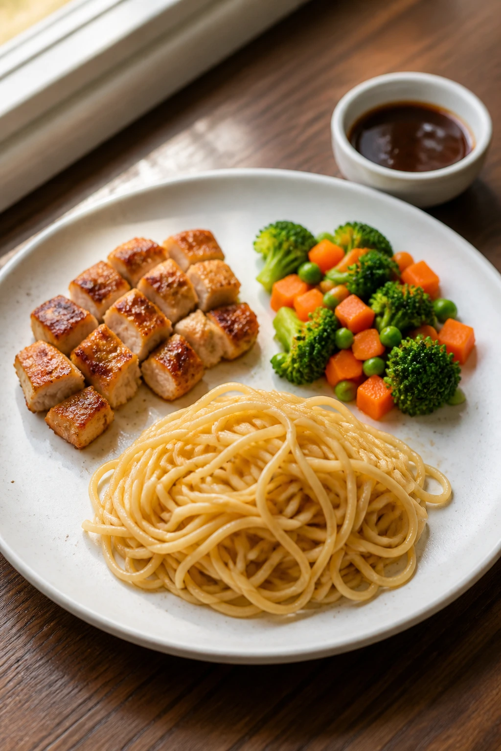 Plate arranged with separate piles of noodles, protein, and vegetables on a wooden table.