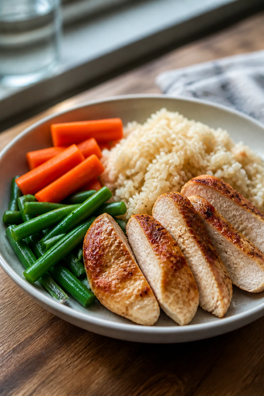Close-up plate of a neatly served chicken and rice dish in a shallow bowl