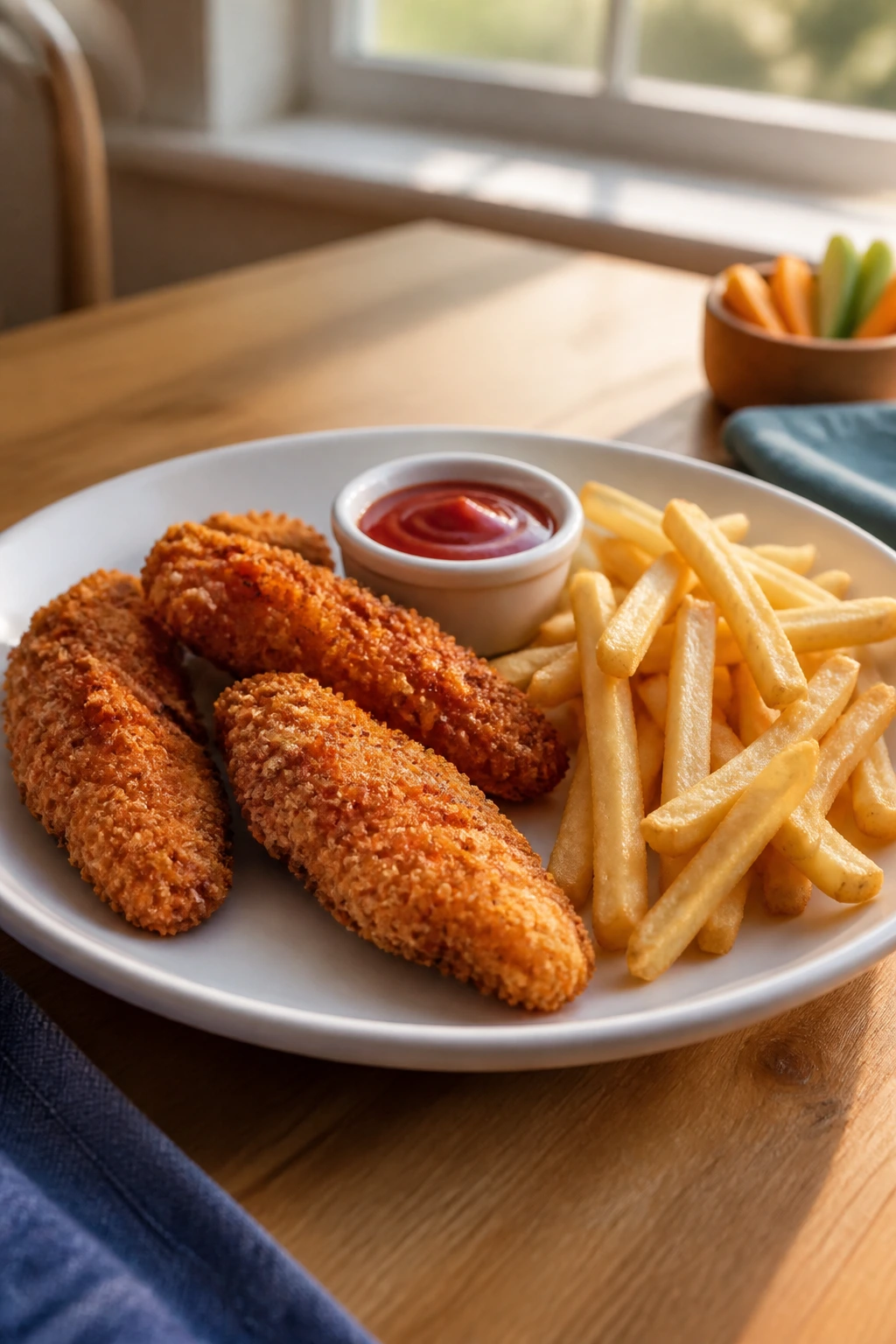 Neatly plated meal with separated components on a wooden table for kid-friendly serving