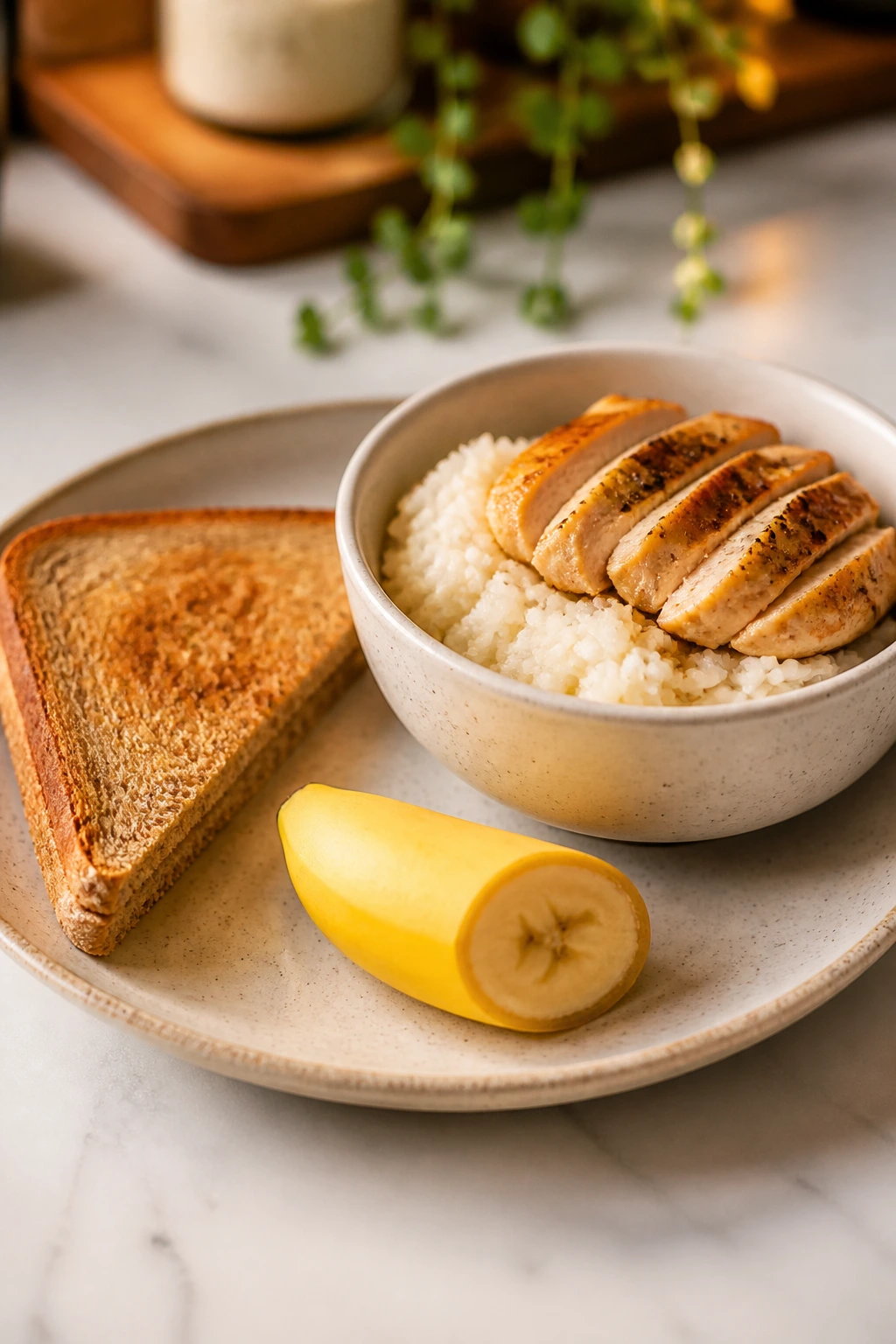 Plate with toast, banana, and a rice bowl with chicken on a kitchen counter