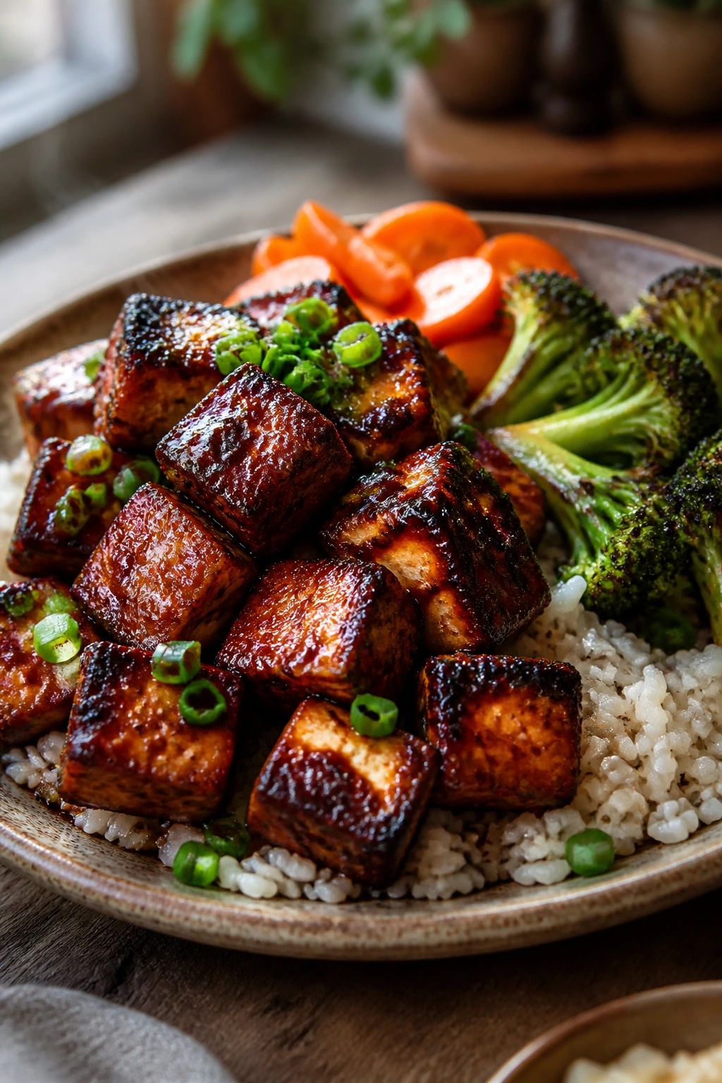 Beautifully plated roasted BBQ tofu on a rustic plate